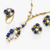 A parure with necklace, stud earrings, and ring with lapis lazuli and cultured pearls - фото 1