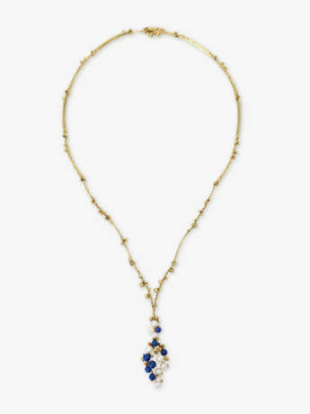 A parure with necklace, stud earrings, and ring with lapis lazuli and cultured pearls - фото 2