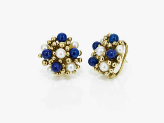 A parure with necklace, stud earrings, and ring with lapis lazuli and cultured pearls - фото 4