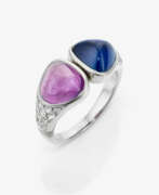 Bijoux de main. A ring with pink and blue sapphire and diamonds