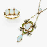 A necklace with crystal opals, diamonds, diopsides and small pearls, and a ring with crystal opals and tiny rubies - фото 1
