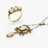 A necklace with crystal opals, diamonds, diopsides and small pearls, and a ring with crystal opals and tiny rubies - фото 2