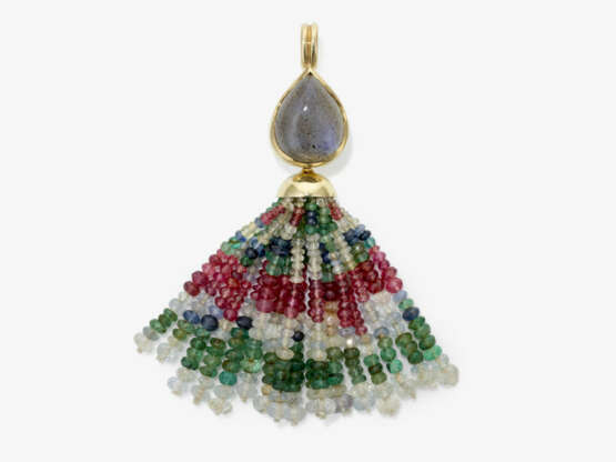 A pendant with moonstone with tassel, consisting of seventeen strands of rubies, sapphires, white sapphires, and emeralds - фото 1 A pendant with moonstone with tassel, consisting of seventeen strands of rubies, sapphires, white sapphires, and emeralds - фото 1