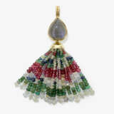 A pendant with moonstone with tassel, consisting of seventeen strands of rubies, sapphires, white sapphires, and emeralds - фото 1