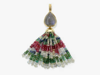 A pendant with moonstone with tassel, consisting of seventeen strands of rubies, sapphires, white sapphires, and emeralds