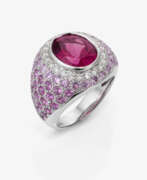 Bijoux de main. A ring with pink tourmaline, pink sapphires, and brilliant-cut diamonds