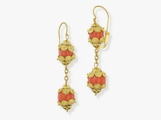 A pair of historical drop earrings set with Midway coral beads - photo 1