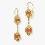 A pair of historical drop earrings set with Midway coral beads - photo 1