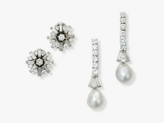 A pair of drop earrings with brilliant-cut diamonds and cultured pearls. A pair of stud earrings with diamonds - фото 1 A pair of drop earrings with brilliant-cut diamonds and cultured pearls. A pair of stud earrings with diamonds - фото 1