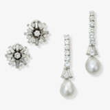 A pair of drop earrings with brilliant-cut diamonds and cultured pearls. A pair of stud earrings with diamonds - фото 1