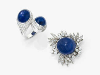 A ring with sapphires and brilliant-cut diamonds, brooch with sapphire and diamonds