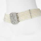 A six-strand Collier-de-chien with cultured pearls and diamonds - фото 3