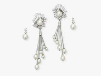 Triple convertible drop earrings adorned with brilliant-cut diamonds and cultured pearls