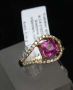 Product catalog. White gold ring with diamonds and ruby