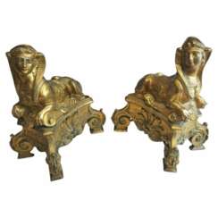 Pair of 19th Century Gilt Bronze Fire Dogs in the Ancient Egyptian Style