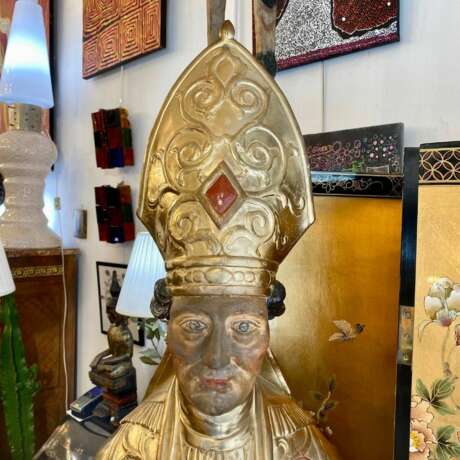 Late 17th Century Reliquary Bust of a Bishop in Gilded Wood Bois laqué 17th century - photo 4