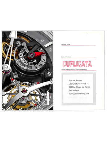 GREUBEL FORSEY. AN EXTREMELY RARE AND EXCEPTIONAL SEMI-SKELETONISED LIMITED EDITION TITANIUM WRISTWATCH WITH INCLINED DOUBLE TOURBILLON AND FIVE-DAY POWER RESERVE - photo 5