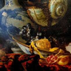 Still Life With Porcelain And Black Grapes Signed By Artist Sie G, 1997