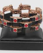 Product catalog. Gold bracelet with two-color enamels and diamonds