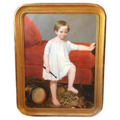 18th Century Oil Painting of Child with Tambourine Walking on a Panthera