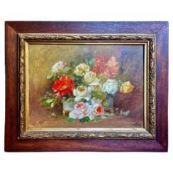 19th Century Large Still Life Oil-on-Canvas Painting Rose Bouquet