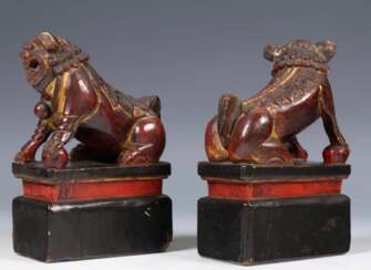 19th Century Pair of Chinese Guardian Lions in Red and Gold Lacquer