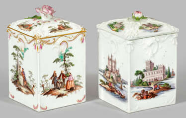 Zwei Meissen Tabakdosen mit Watteauszenen und Stadtveduten