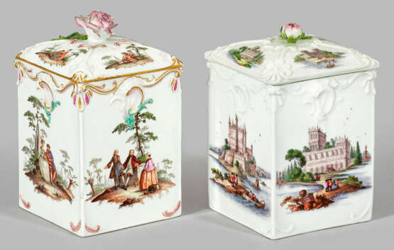 Zwei Meissen Tabakdosen mit Watteauszenen und Stadtveduten - Foto 1 Zwei Meissen Tabakdosen mit Watteauszenen und Stadtveduten - Foto 1