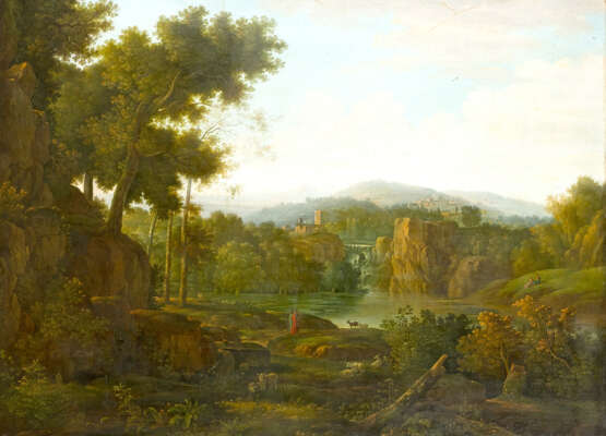 Hendrik Frans Van Lint (1684-1763)-attributed, Large classical Landscape with figures visiting a waterfall , Oil on Canvas, in classicistic frame - photo 2