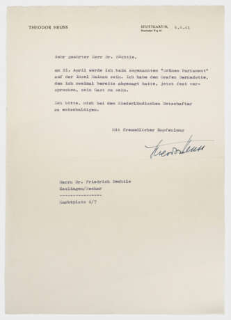 Sechs Schreiben von Theodor Heuss - фото 1 Sechs Schreiben von Theodor Heuss - фото 1