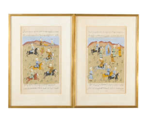 Two Persian Illustrations, Hunting scenes, watercolour on Paper