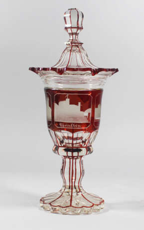 German Glass Goblet, landscape etchings, red and transparent, mid 19. century - photo 1