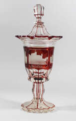 German Glass Goblet, landscape etchings, red and transparent, mid 19. century
