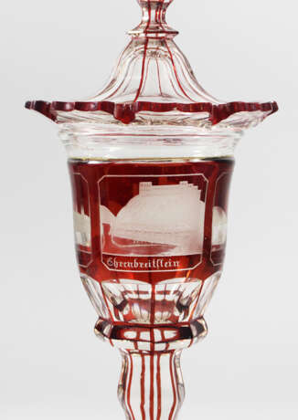 German Glass Goblet, landscape etchings, red and transparent, mid 19. century - photo 3