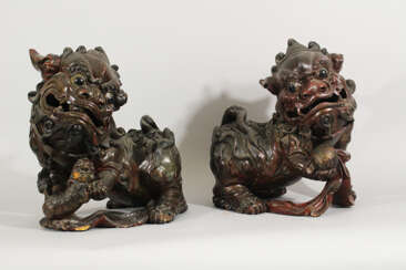 Pair of Fo Lions , Wood carved, original paint, partly open work, Ming Dynasty