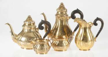 Gold-plated silver set - Coffee pot, tea pot, water pitcher, bowl of cream, sugar-basin