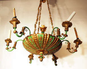 6 light chandelier, wood carved , bronze mounts, painted 19. century