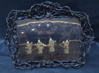 Asian painted lacquer tray wood roots, I carvings, 19.century