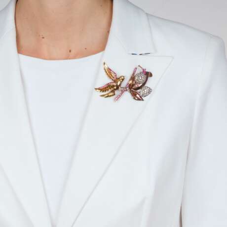 Vintage Rubin Diamant Brosche 'Oiseau avec escargot'. - photo 2