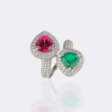 Moi-et-Toi Smaragd Rubellit Ring mit Brillanten. - photo 3
