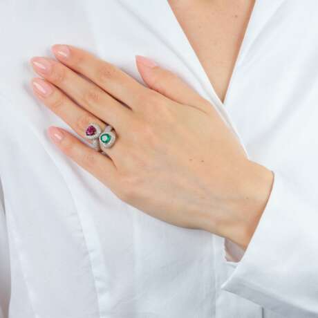Moi-et-Toi Smaragd Rubellit Ring mit Brillanten. - photo 4