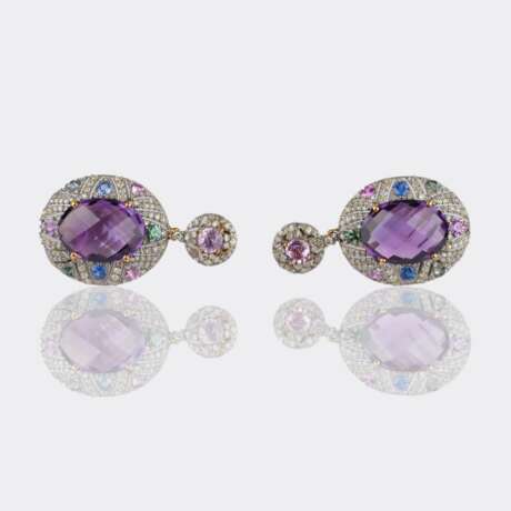 Paar Amethyst Diamant Ohrhänger mit Saphiren. - фото 2
