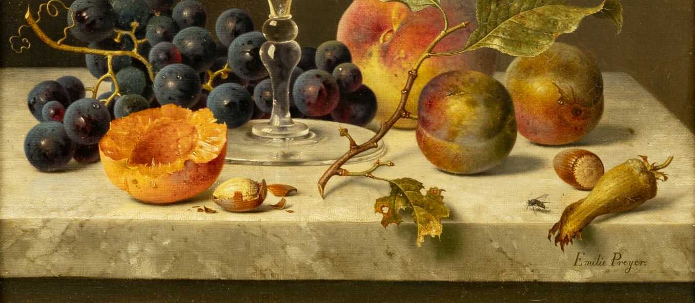 Emilie Preyer (Düsseldorf 1849 - Düsseldorf 1930). Stillleben mit Champagnerschale und Obst.