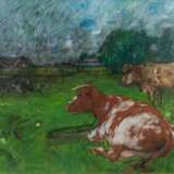 Hans Peter Feddersen (Westerschnatebüll 1848 - Kleiseerkoog 1941). Landschaft mit zwei großen Kühen. - photo 1