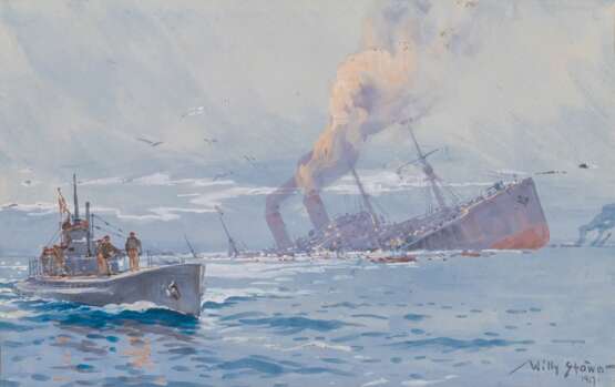 Willy Stöwer (Wolgast 1864 - Berlin 1931). Deutsches U-Boot versenkt Truppentransporter. - Foto 1