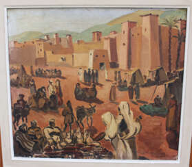 Orientalist early 20. century, village with people, oil canvas, signed
