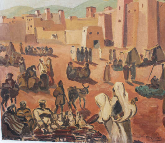 Orientalist early 20. century, village with people, oil canvas, signed - Foto 3