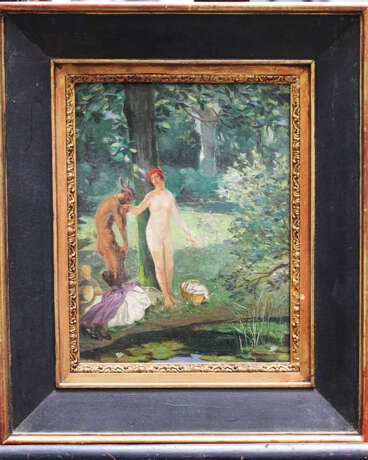 French school around 1920, satyr with lady , oil on board framed - Foto 1