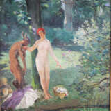 French school around 1920, satyr with lady , oil on board framed - Foto 2