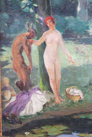 French school around 1920, satyr with lady , oil on board framed - Foto 3